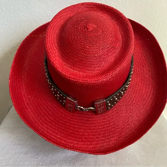 Custom Hat Vintage Fiesta Santa Barbara Red Sunhat w Custom Studded Leather Band - Picture 6 of 7